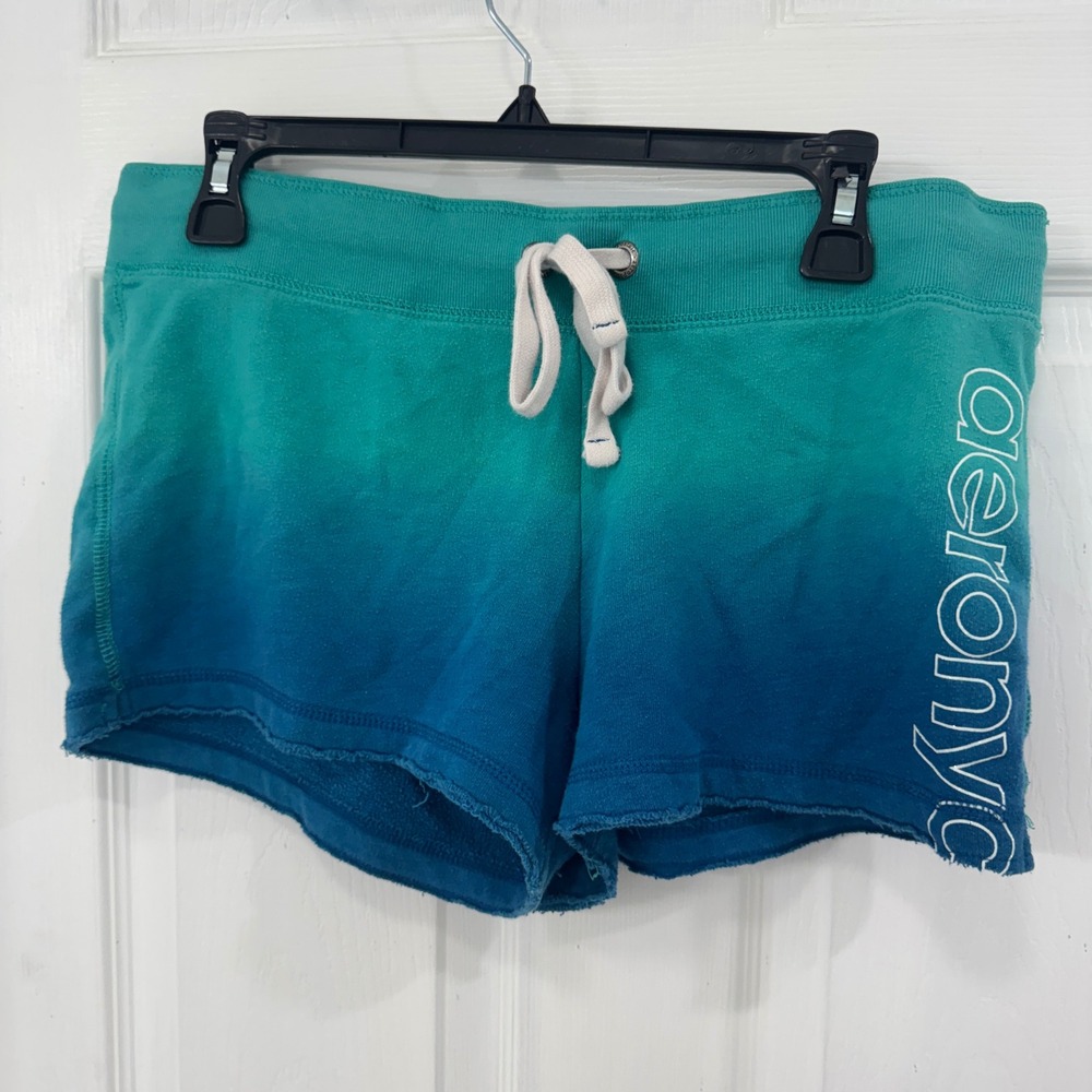 Aeropostale Womens Teal Blue Ombre Fleece Sweat Shorts Logo Drawstring Large